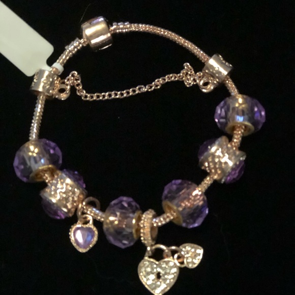NWT Purple Austrian Crystal Bead Bracelet & Heart - Picture 6 of 8